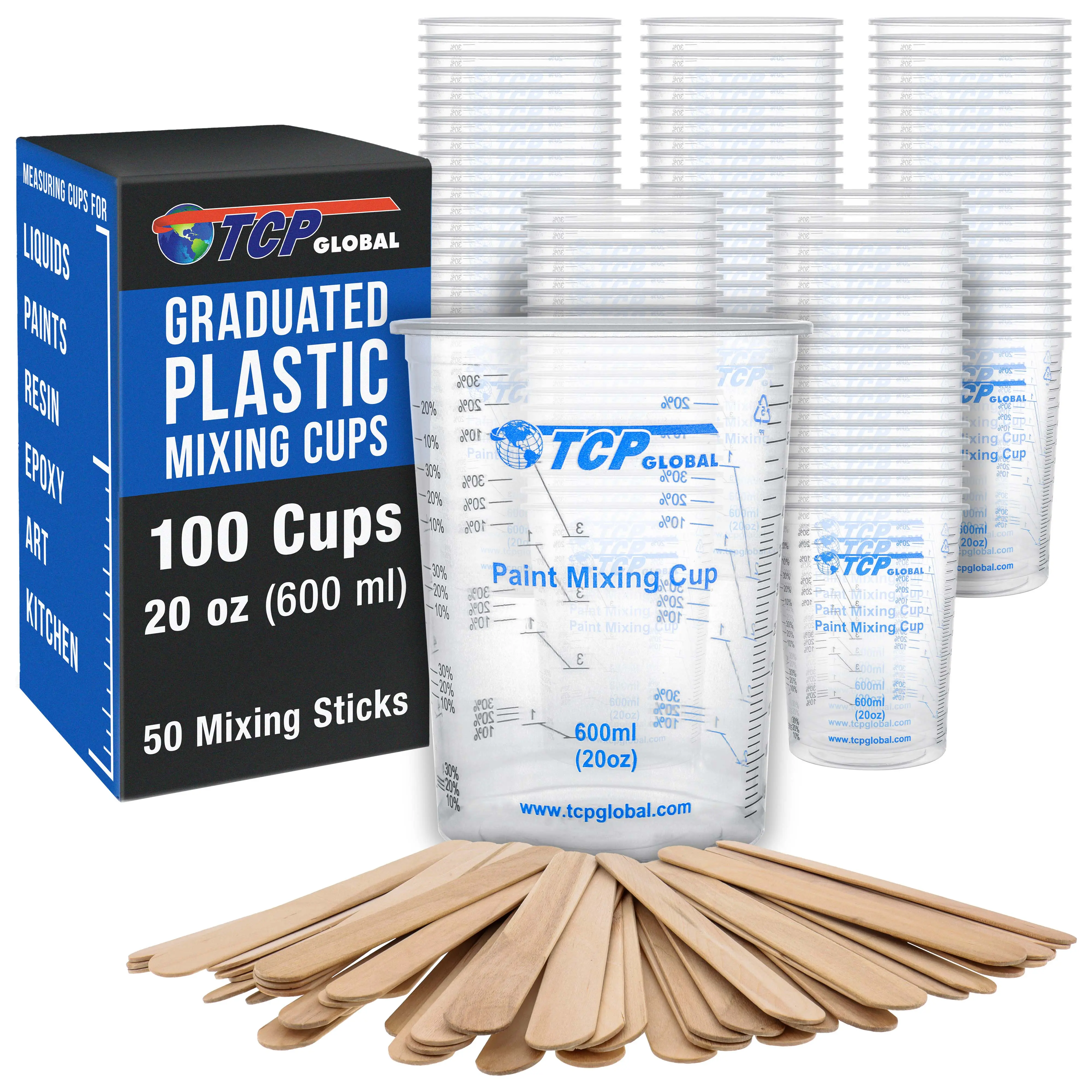 20 oz. (600ml) Graduated Plastic Mixing Cups - Box of 100 with 50 Mixing Sticks - Disposable Plastic Measuring Cups for Liquids, Paints, Resin