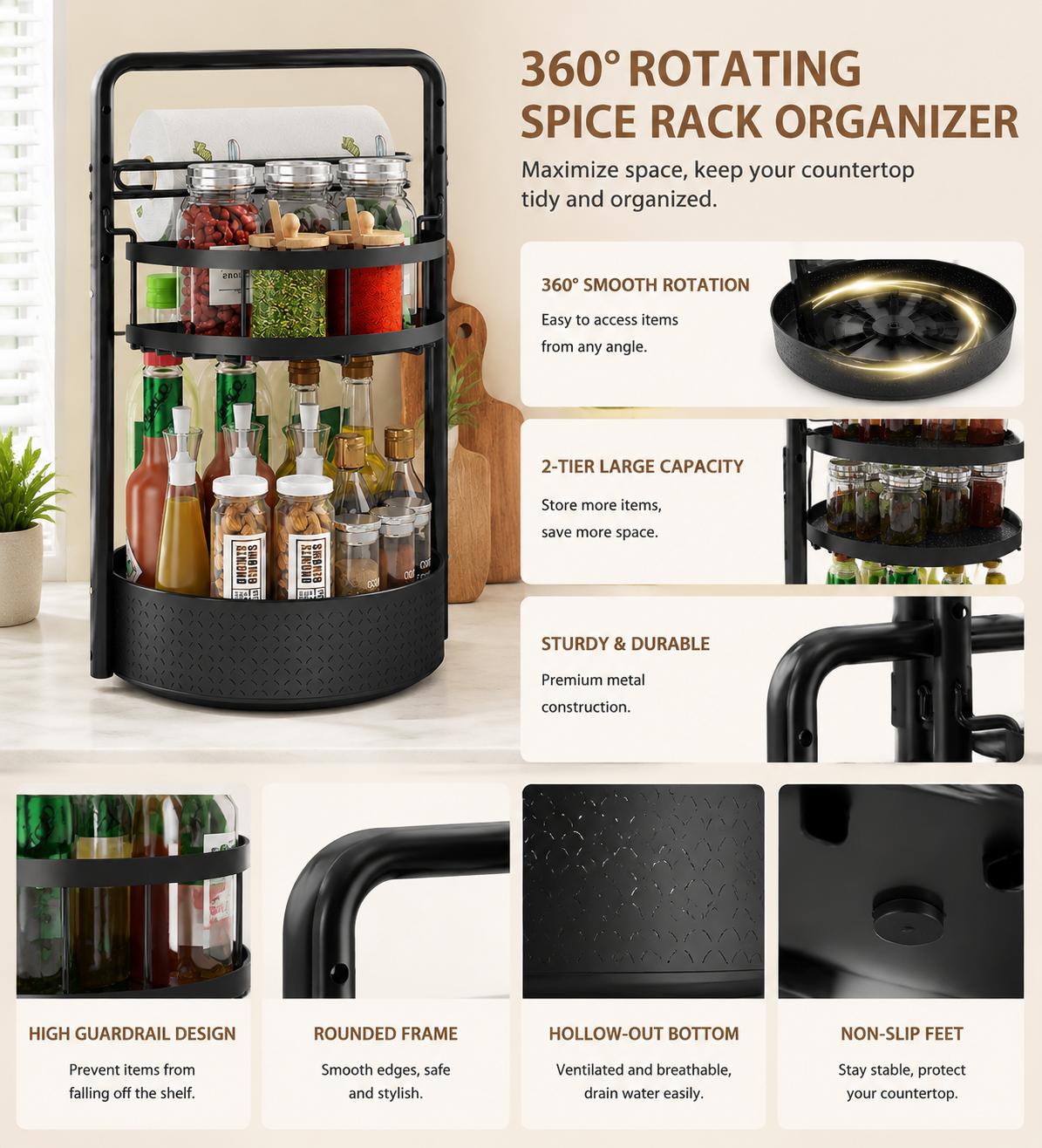 360° Rotating Spice Rack — Double-Tier Turntable Organizer with Industrial Style — Suitable for Kitchen Countertops and Cabinets — Features Integrated Paper Towel Holder — Versatile Kitchen Storage Tray — Black Bottom