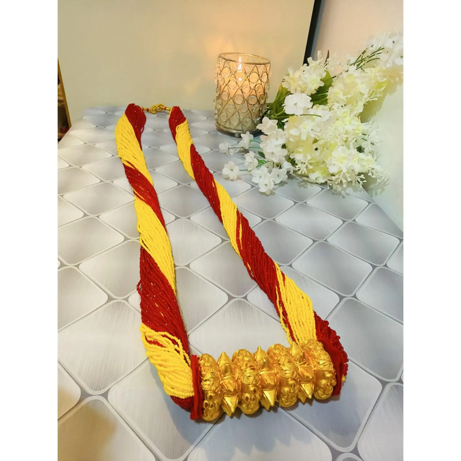 Gold Tone Bhukkey Xadkey Tilhari in Red and Yellow Crystal Potey - Elegant Jewelry for Special Occasions