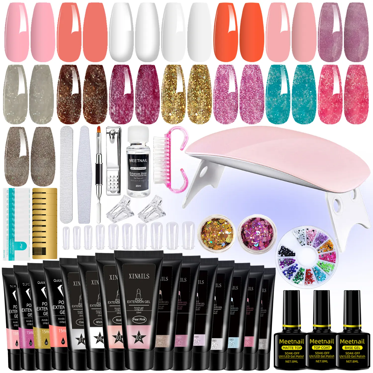 MeetNail Poly Nail Gel Kit Multicolors Clear Nude Glitter Cutics Poly Nails Gel Starter Kit 15 Color with Slip Solution and Mini Uv Lamp Gel Polish for Design Beginner DIY Salon Manicure Home Use