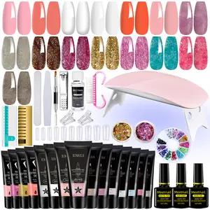 MeetNail Poly Nail Gel Kit Multicolors Clear Nude Glitter Cutics Poly Nails Gel Starter Kit 15 Color with Slip Solution and Mini Uv Lamp Gel Polish for Design Beginner DIY Salon Manicure Home Use