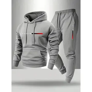 Men's Plus Size Hoodie & Pants Set, Paris Letter Print, Vintage Style, Casual Fitted, Fall Winter Fashion, Trendy Streetwear