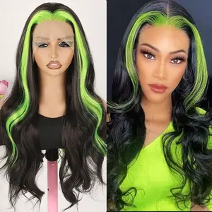 26 Inch Black Green Highlight Lace Front Wigs For Women Curly Wave Glueless Wigs Pre-Plucked Hairline 180% Density Free Part Loose Curly Lace Wigs Comfortable Suitable For Daily Wear & Special Occasions Wig