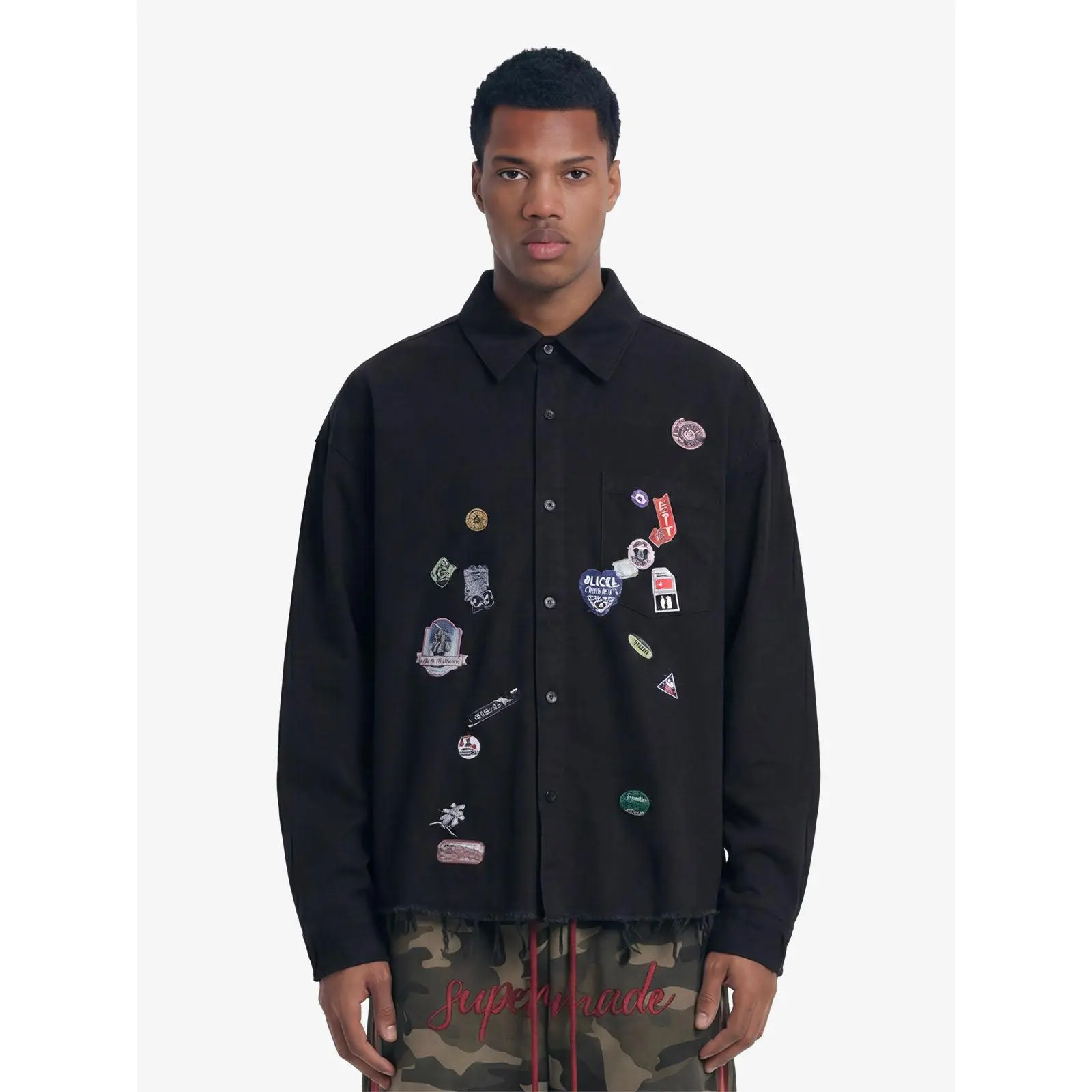 Supermade Men's Casual Long Sleeve Shirt - Streetwear Top with Personalized Patch, Distressed Frayed Hem and Chest Pocket, Menswear