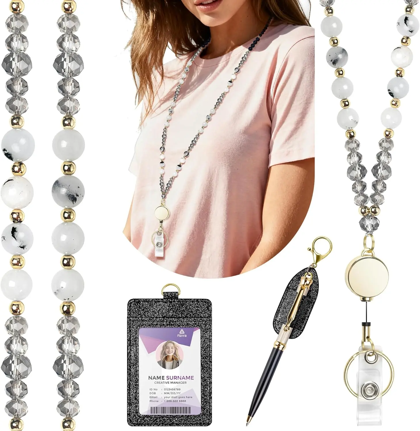 Lanyards for ID Badges and ,  Stone Beaded Teacher Lanyard with Bling ID Badge Holder and Pen Holder, Cute Retractable Badge Lanyard for Women (Black)