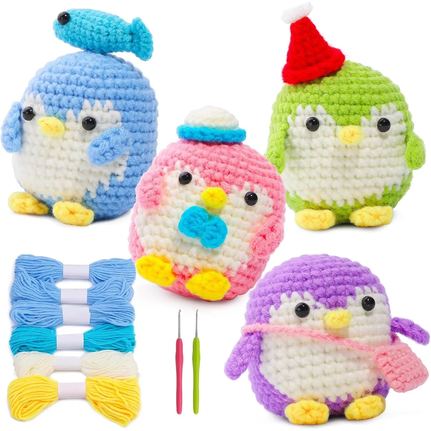 4 Pack Crochet Kit for Beginners, Beginner  Kit, Cute Starter with Video Tutorial, 2 Hooks, Colored Yarns, 5 Stitch Markers Complete Set to Make Penguins
