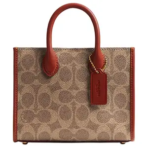 Coach Ace 17 Classic Monogram Tote Bag for Women, Structured Canvas and Polished Calf Leather, Tan