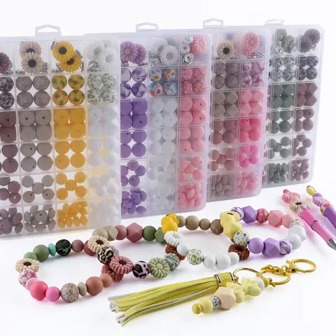 136PCS Sunflower Silicone Focal Mixed Beads Kit - 12mm-15mm Pink, Purple, Green, Camel Round, Lentil, Hexagon Pieces for DIY Jewelry Making, Pens & Keychains, Crafty Lifestyle (Beads for Bracelets)