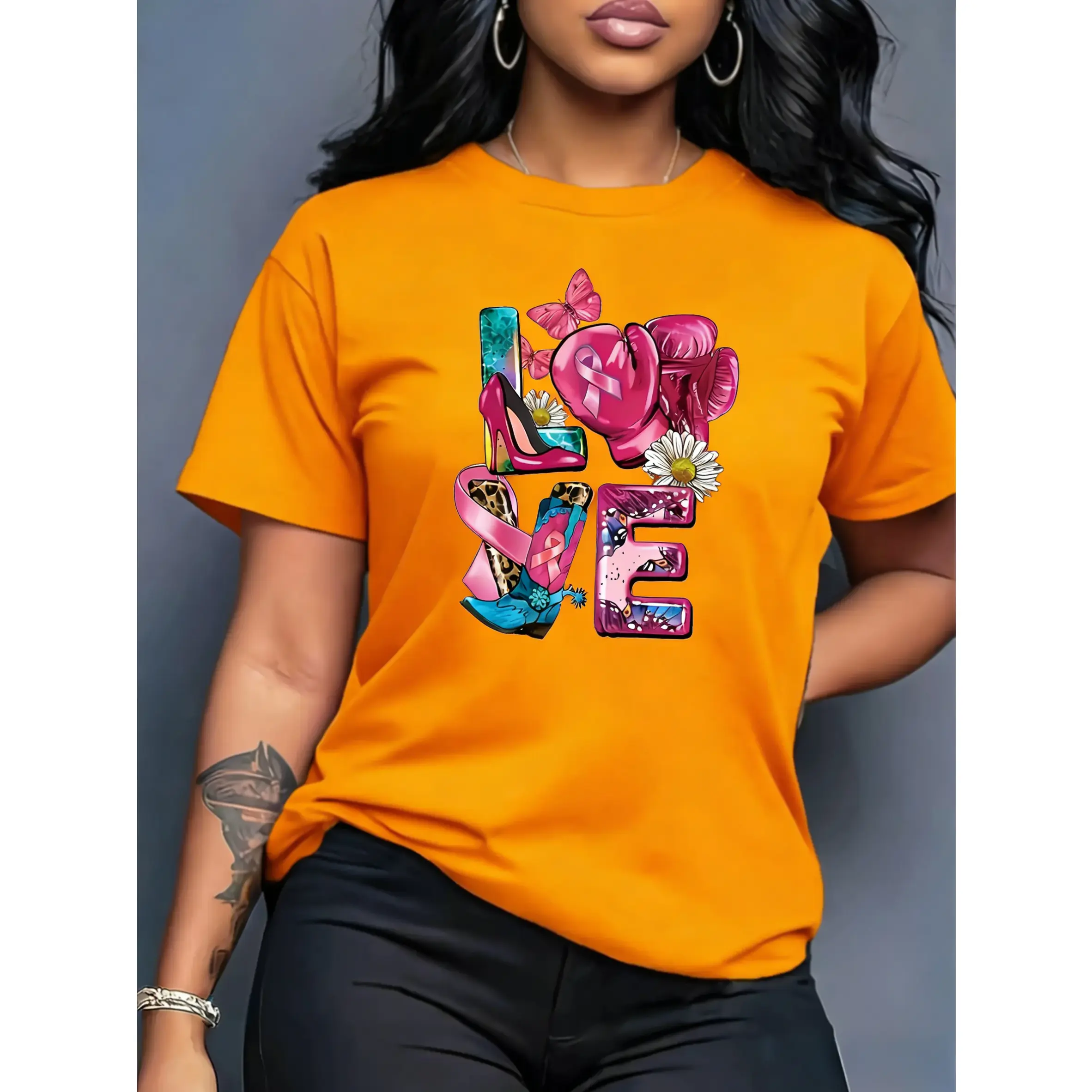 100% Cotton Women's Shiny LOVE Letter Print T-Shirt, Heart and Bow Design Valentine's Day Outfit and Everyday Wear Floral and Heart Pattern Suitable for All Seasons Fashionable Playful Style Suitable for Casual and Formal Occasions
