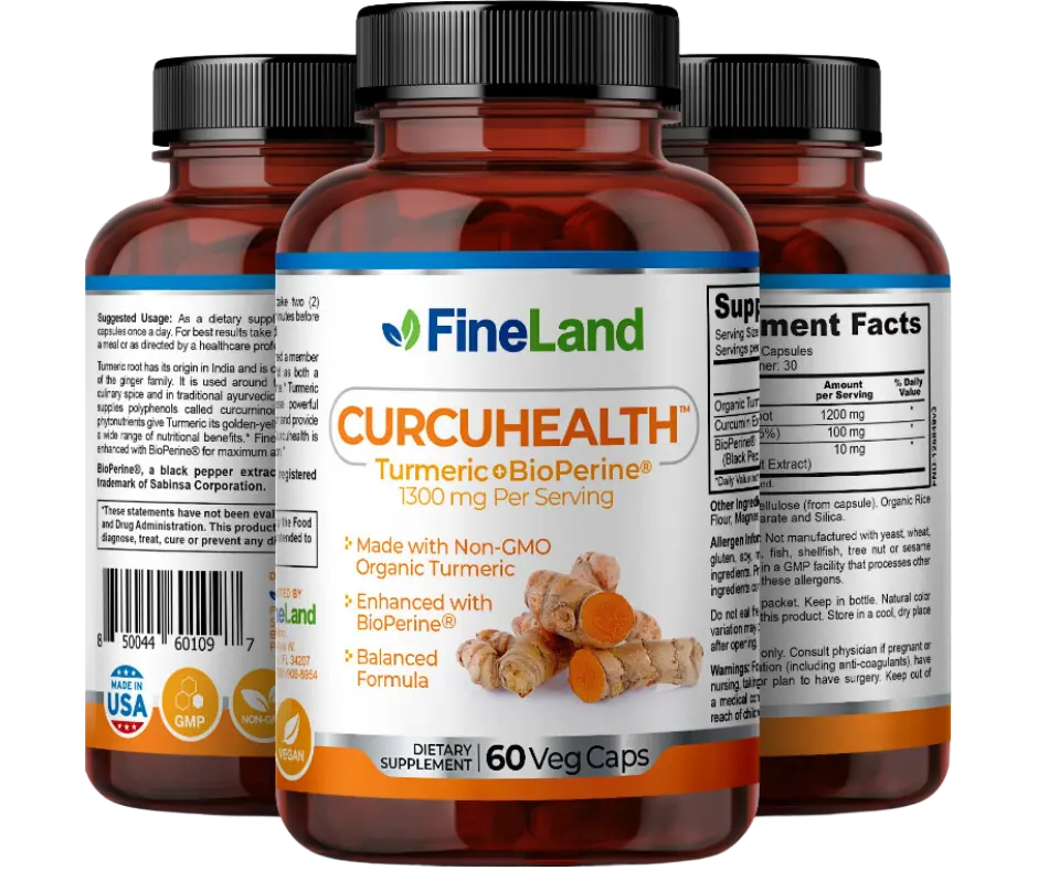 FineLand CURCUHEALTH Turmeric + BioPerine + 95% Curcumin Extract, Premium, And Organic Turmeric, Balanced Formula, 60 Capsules, 30 Servings Healthcare Dietary