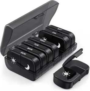 Extra Large Weekly Pill Organizer 2 Times a Day, One-Side Open Pill Box 7 Day for Easy Filling, Black Privacy Protection AM PM Pill Case for Vitamins, Medication, Supplements, Fish Oils Black