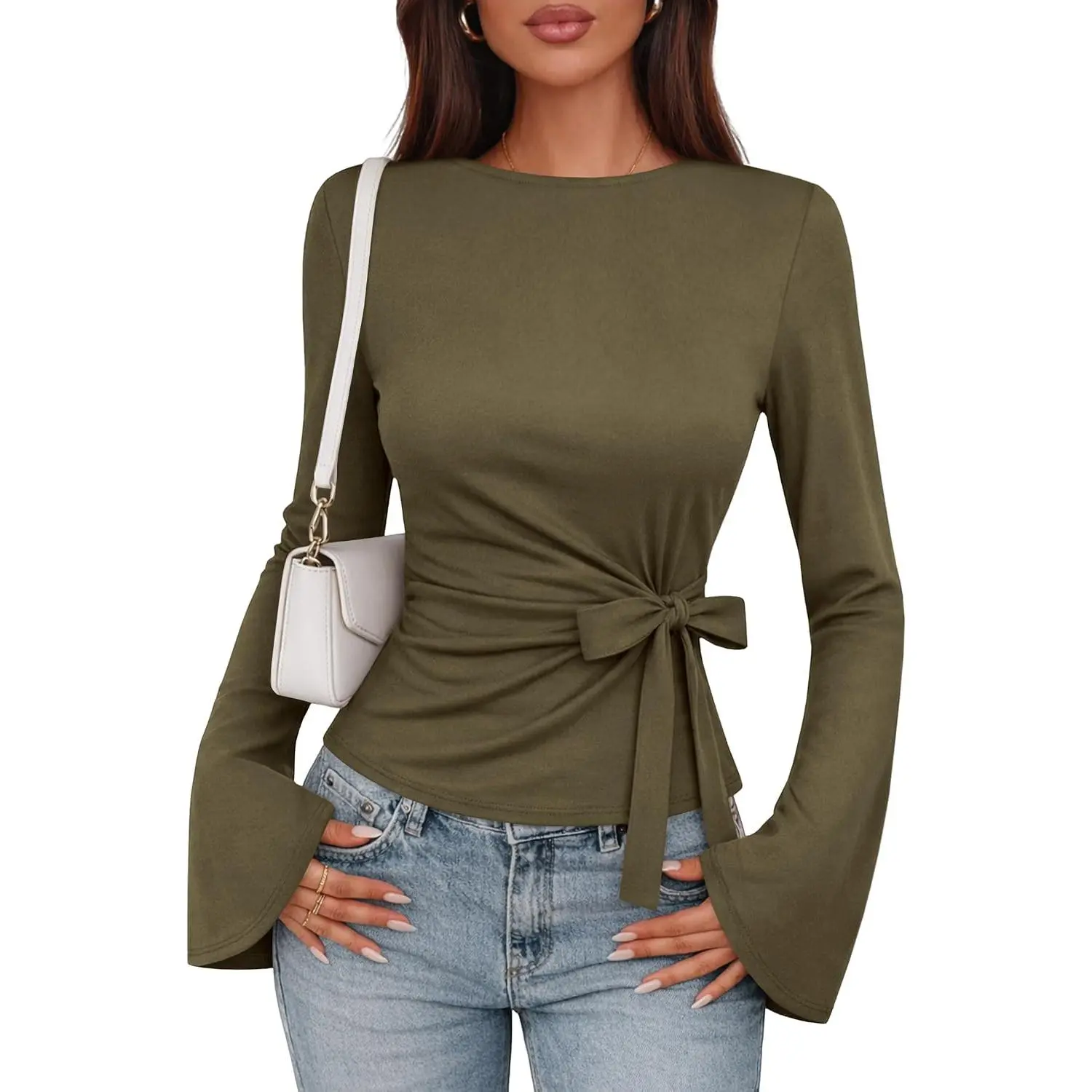 Womens Tie Waist Tops Long Bell Sleeve Shirt Work Blouses | Office Attire Boat Neck Shirts Fall Dressy Casual Business Outfits Womenswear Long Sleeve sohochic