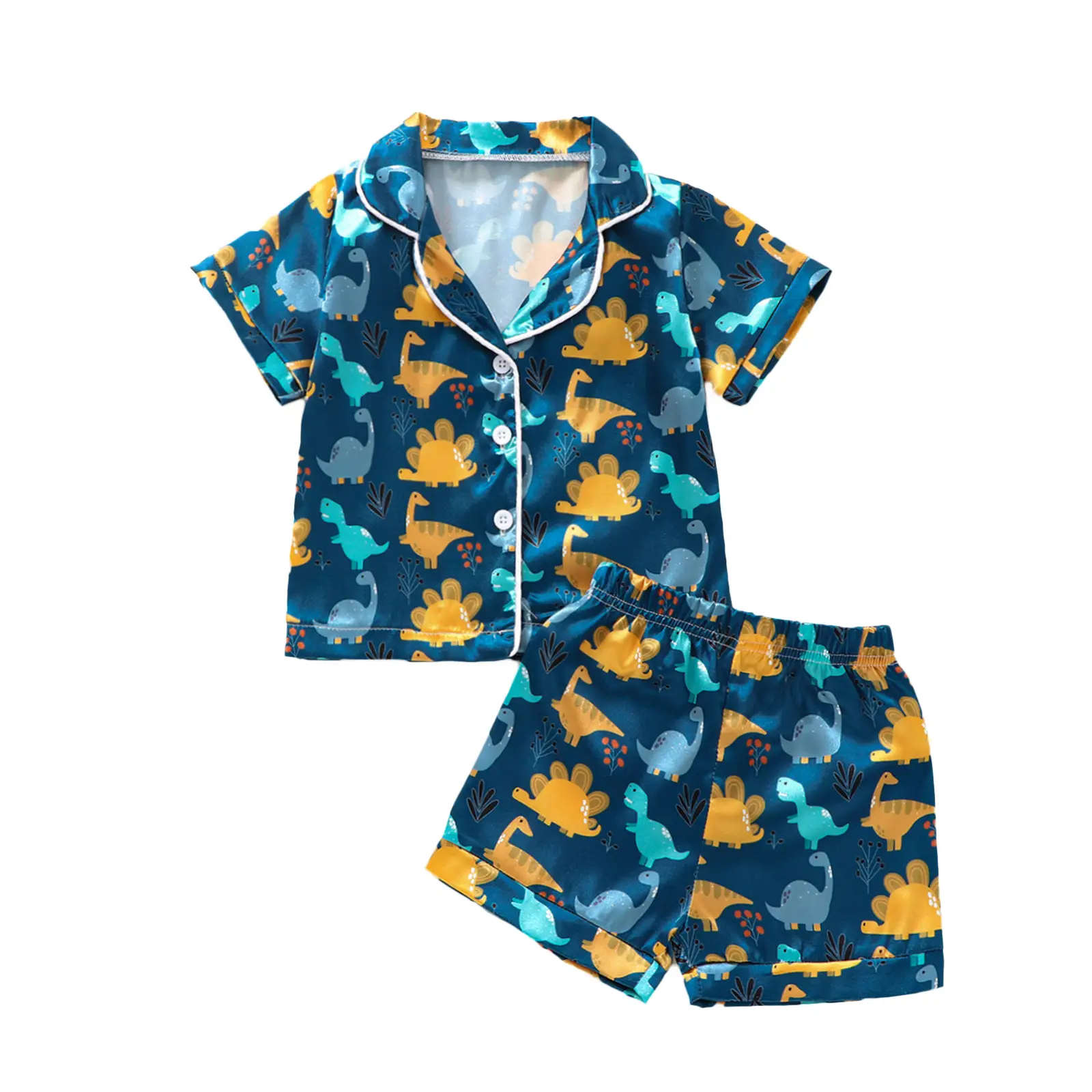 Toddler Baby Boy Silk Pajamas Set Button Down Dinasour Print Short Sleeve Shirt Tops Elastic Waist Shorts Two Piece Satin Pj Lounge Sets Sleepwear Nig