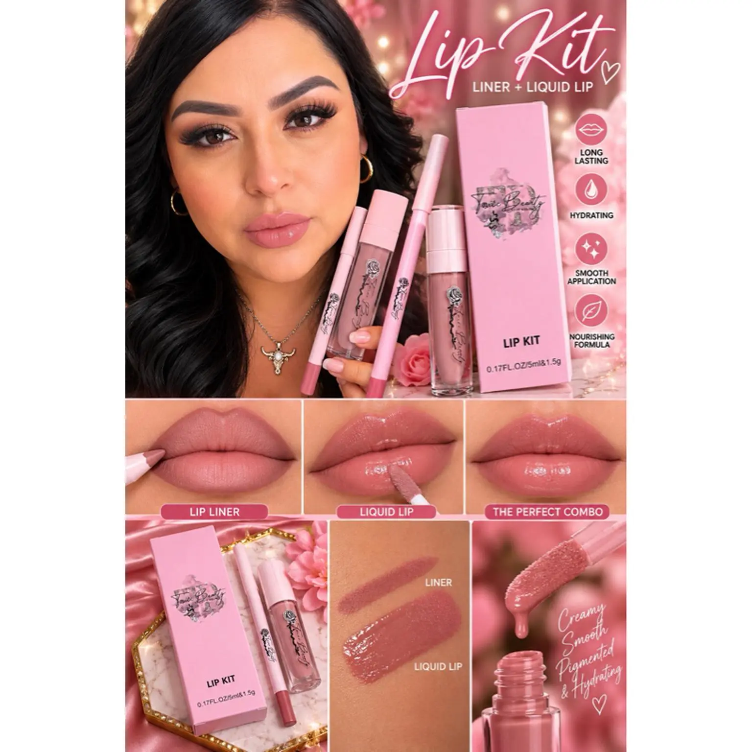 Lip Kit Liner & Liquid Lip Long Lasting Hydrating Smooth Application Nourishing Formula 0.17FL OZ 5g The Perfect Combo