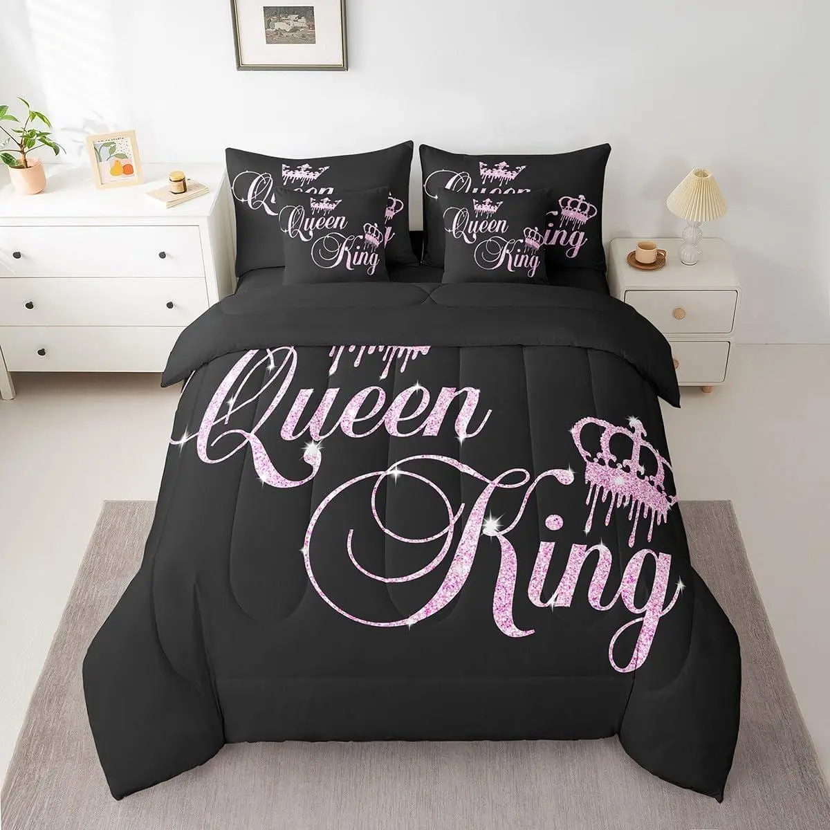 Crown and Couple Bedding Set His and Hers Bed in a Bag for Teens Women Men Black Pink ,Lover Romantic Valentine's Day Decorations Bed Set All Season(No Glitter)