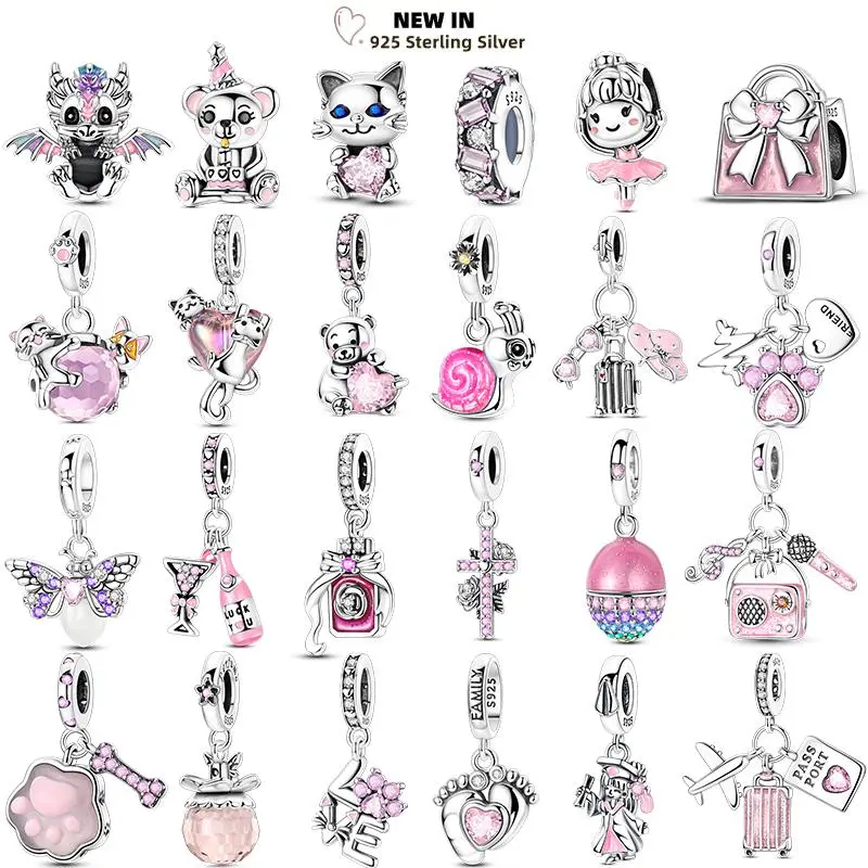 925 Sterling Silver Pink Series Charms Pendants - Heart, Pet Cat, Dog Bow Designs - Fit Bracelets, Handbags, Luggage - For DIY Jewelry Making, Pendant