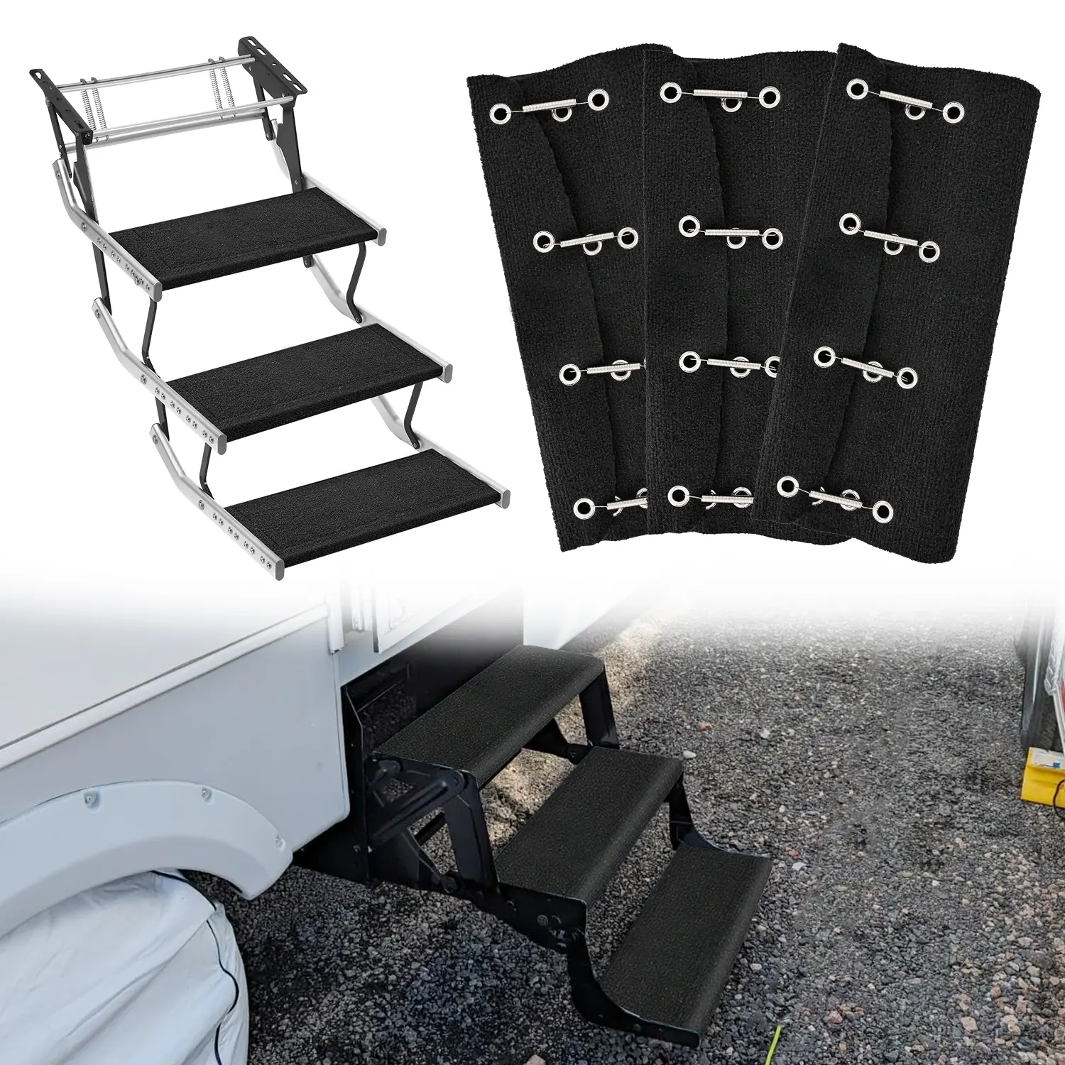 Nilight 3-Pack 20x21in Polyester Double Layer RV Step Covers, Adjustable Wrap-Around Rugs for 8-10in Deep Camper Stairs, Spring-Attached for Electrical & Manual Motorhome Steps, Black Outdoor Carpet, Three-Pack