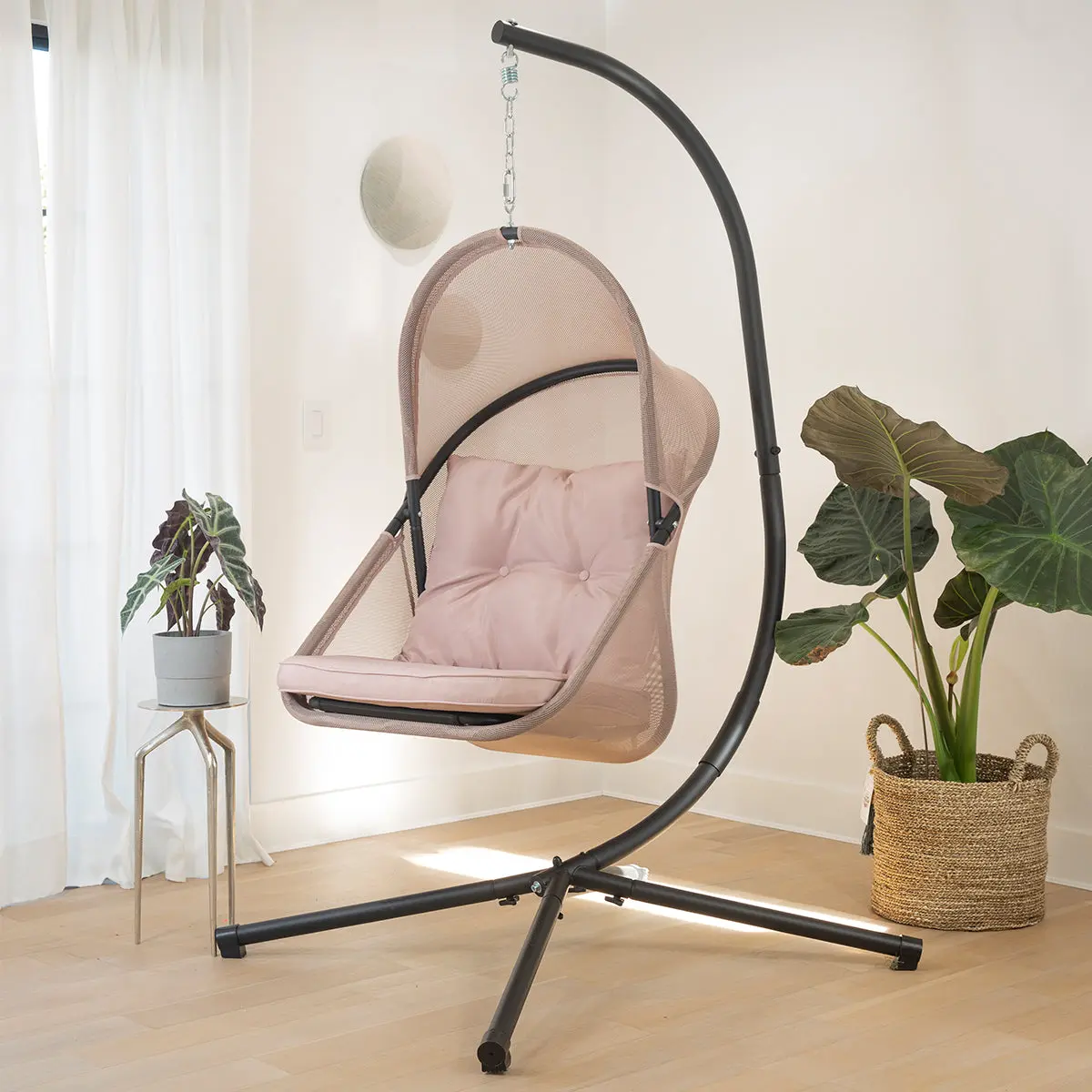 BARTON Single-Person Hanging Egg Soft Lounge Swing Chair - Cushioned Seat, Collapsible Patio Swing, Ergonomic Curved Back, All-Weather Polyester Mesh, Powder-Coated Construction, Indoor/Outdoor Use, 265 lbs Weight Capacity, Swing Chairs