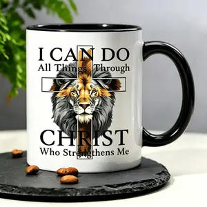 1pc 11Oz Ceramic Mug Powerful Lion And Cross T-Shirt With Inspirational Bible Verse.