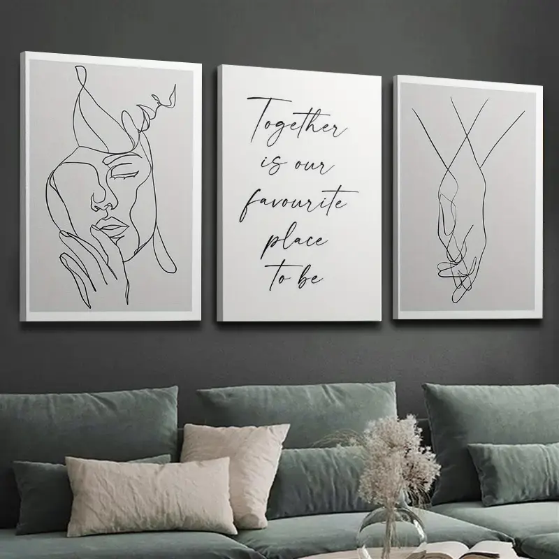 3-Piece Wooden Frame Canvas Print - Waterproof Glossy Love-Themed Minimalist Human Body Line Drawing Anime Contemporary Art Houndstooth Decoration, Home Wall Decor Kit for Bedroom, Thanksgiving & Juneteenth Use, Easter