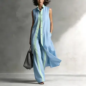 2 Women's fashionable casual cardigan, contrasting colour loose vest and pants two piece set, straight wide-leg pants, 2026 women's set sleeveless long vest wide leg pants, Made of Lightweight And Breathable, Suitable Daily Work And Everyday Outings