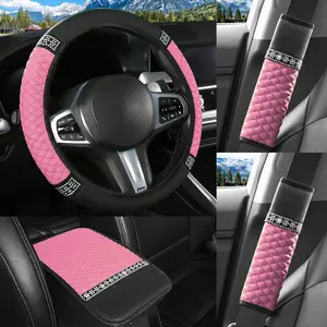 4pcs Bling Artificial Rhinestones Leather Car Accessories Steering Wheel Cover For Women Center Console Armrest Pad Artificial Diamond PU Leather Car Seat Belt Shoulder Pads Car Decoration