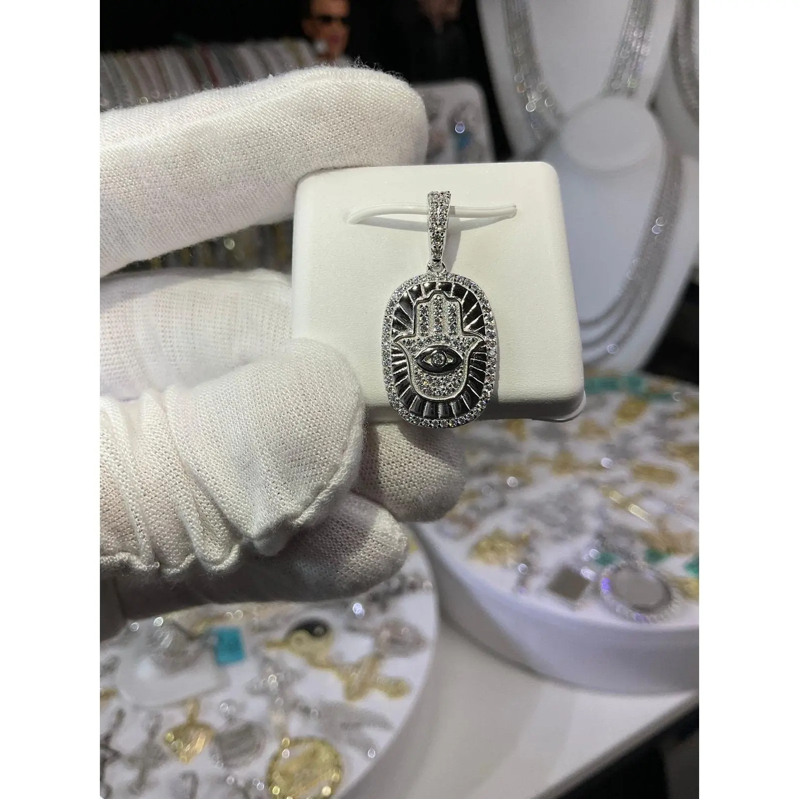 925 Real Superior Silver Unisex Moissanite Hamsa Hand Medallion Pendant, Carry Protection Jewelry, Silver Necklaces & Pendants
