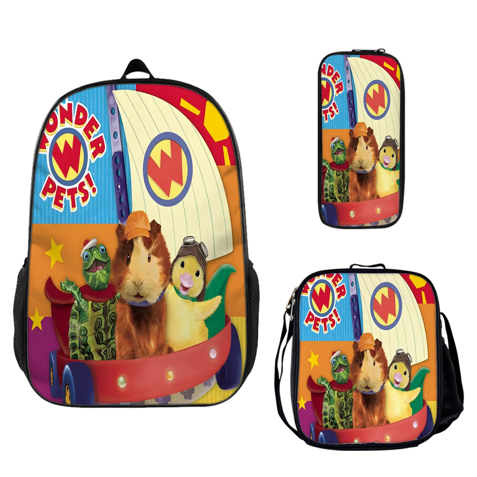 Wonder Pets 3-Piece Oxford Fabric School Pack - Back to School Haul, Water Resistant Vibrant Bookbag, Insulated Lunch Box, Pencil Pouch, Adjustable Padded Straps for Teens, Character Art Daily Use Bags, Lightweight Travel Daypack Gift c-335, Cam, Anime Th