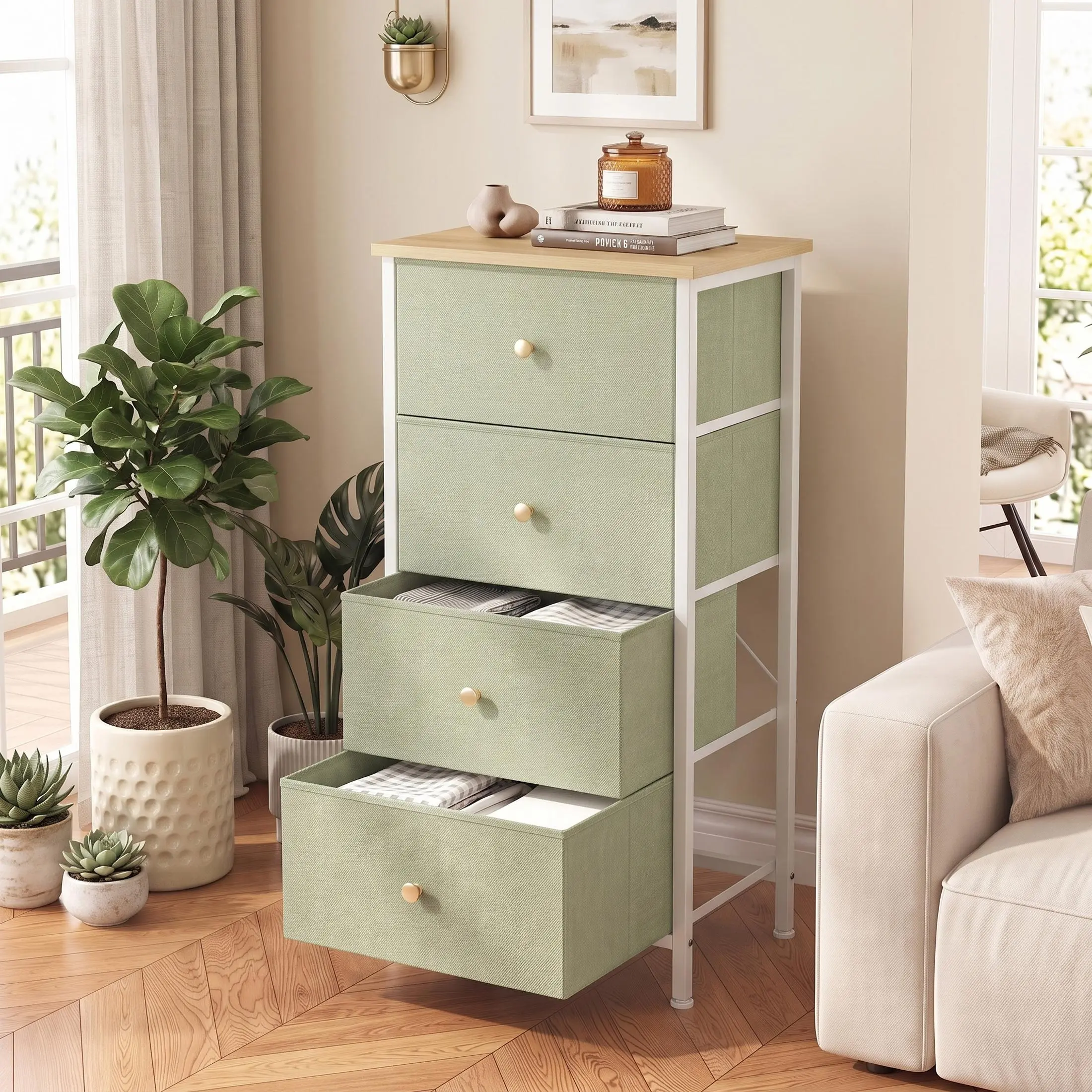 4-Drawer Fabric Storage Tower with Wood Top – Lightweight 14 LBS Dresser for Bedroom, Closet, Living Room, Entryway, Easy Assembly, Anti-Tip #SmallSpaceLiving #StorageDresser