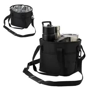 Portable Foldable 4-Pocket Water Bottle Carrier Bag with Adjustable Strap Detachable Hook-and-Loop Divider Heavy-Duty Nylon Ultra-Lightweight Compact for Car Travel Beach Picnics Outdoor Straw Accessories Classic Black Lake Blue Heather Dark Gray