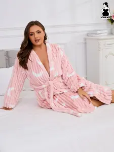 Women's Plus Size Knitted Fleece Striped Loose Long Sleeve Casual Robe, Soft Comfortable Sleepwear for Fall Winter, Home Wear Loungewear