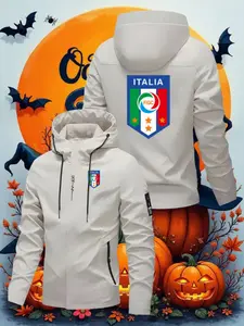 Men's Fashion Italian Football Jacket, Trendy Street Style, Eye-Catching Pattern Design, Adjustable Drawstring, Casual Outdoor Zipper Closure