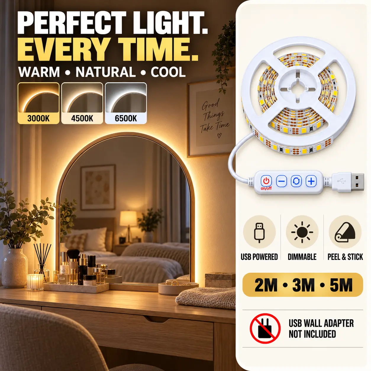 3 Color Temperature LED Strip Lights, 3000K/4500K/6500K Dimmable USB Powered Self-Adhesive Cuttable Light Strip for Bedroom, Kitchen, Cabinet & Mirror, 2M/3M/5M