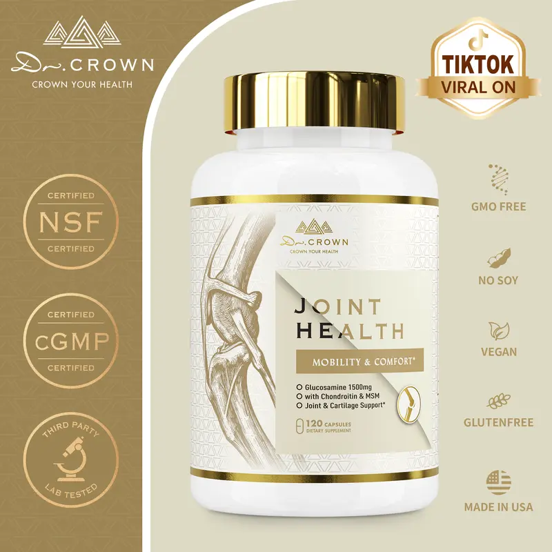 Dr. CROWN Joint Support Dietary Supplement for Men & Women - Glucosamine Sulfate Potassium, Chondroitin, MSM, Natural Turmeric Extract, Hyaluronic Acid for Bone Health - 120 Capsules