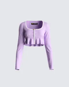 Women's Scout Purple Rib Peplum Flared Long Sleeve Low-Rise Cropped Fit Flyaway Top with Spandex Fabric and Zipper Closure