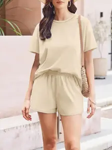 Women's Solid Color Fitted Tee & Lounge Shorts Two-piece Set, Casual Round Neck Short Sleeve T-shirt & Shorts Loungewear Set for Summer, Ladies Clothes for Daily Wear, Going Out Sets, Outfits, Womenswear