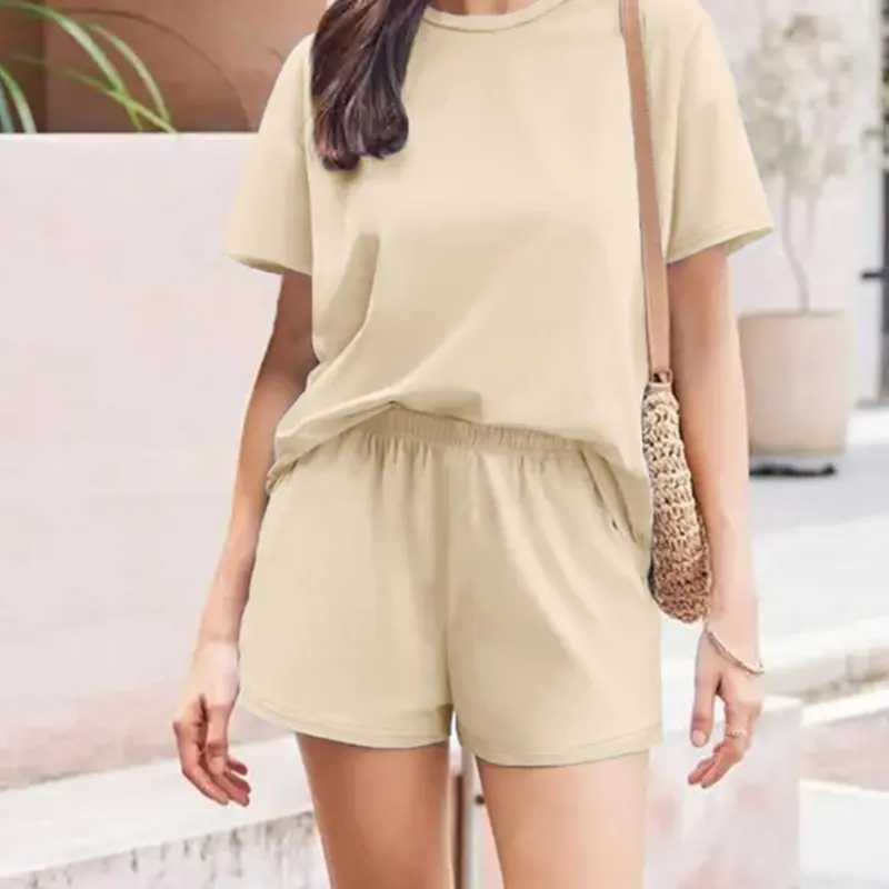 Women's Solid Color Fitted Tee & Lounge Shorts Two-piece Set, Basic Casual Minimalist Lightweight Round Neck Short Sleeve T-shirt & Shorts Loungewear Set for Summer, Ladies Clothes for Daily Wear, Going Out Sets, Outfits, Womenswear