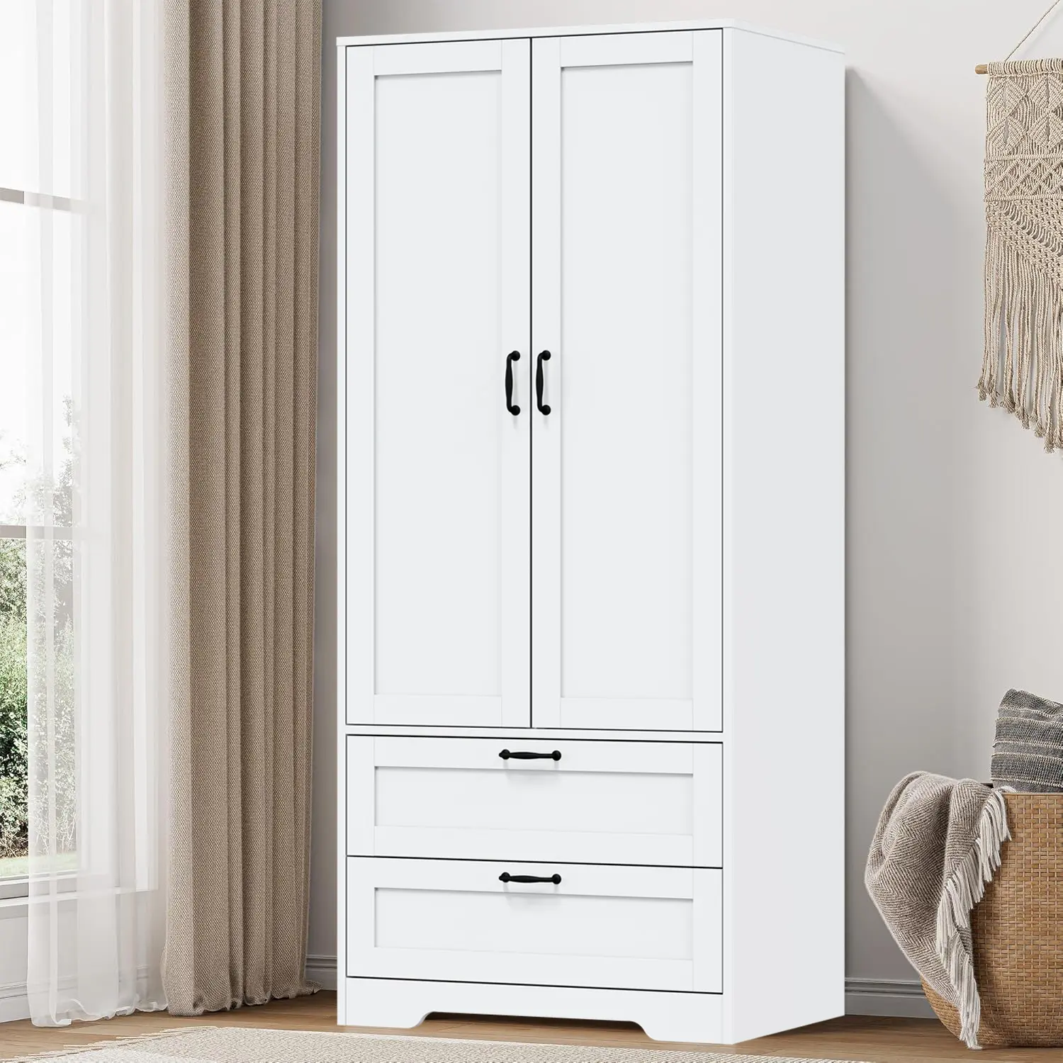 Wooden Freestanding Bedroom Wardrobe with2 Doors 2 Drawers Hanging Rod Large StorageSpace Easy Assembly for Bedroom Living RoomClothes, Living Room, Stable, 2-In-1Armoire