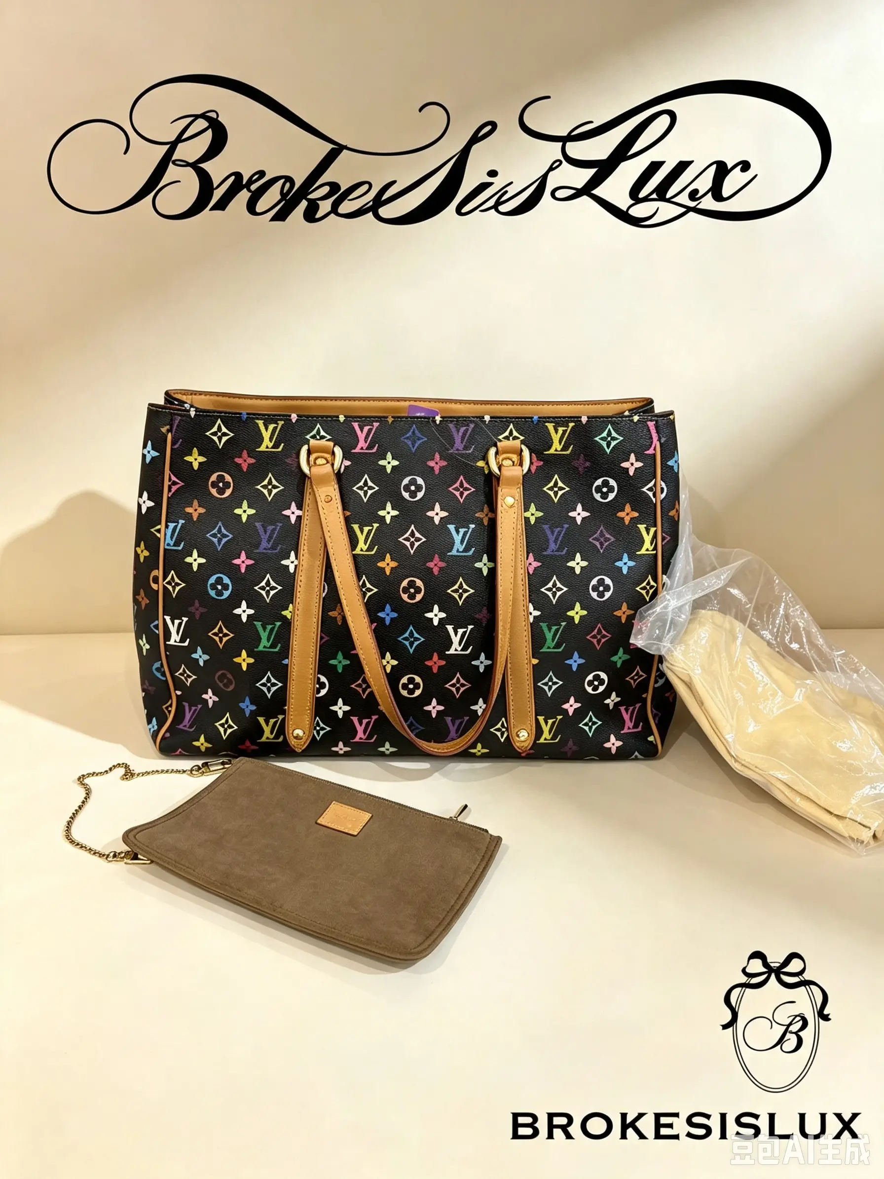 Pre-owned Louis Vuitton Black Multicolor Monogram Canvas Shoulder Tote with Detachable Pouch