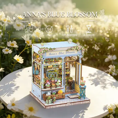 CUTEBEE Anna's Blue Blossom DIY LED Book Nook Wooden Miniature Bookcase with Dust Cover Perfect Gift for Black Friday & Christmas