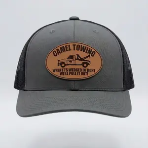 Camel Towing Trucker Hat| Funny Tow Truck Graphic Snapback| Leather Patch Cap| Breathable Summer Mesh Hat| Novelty Gift Idea| Funny Work Humor Headwear