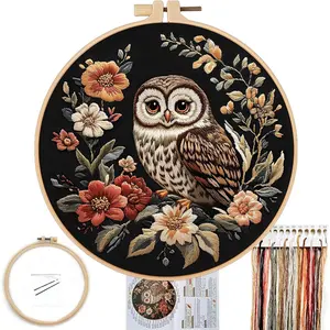 Embroidery Kit for Beginners, Owl Flowers Pre-Stamped Pattern Kits for Adults with Hoop, Easy to Follow Color Thread Needlework, 8'' Hoop (Black)