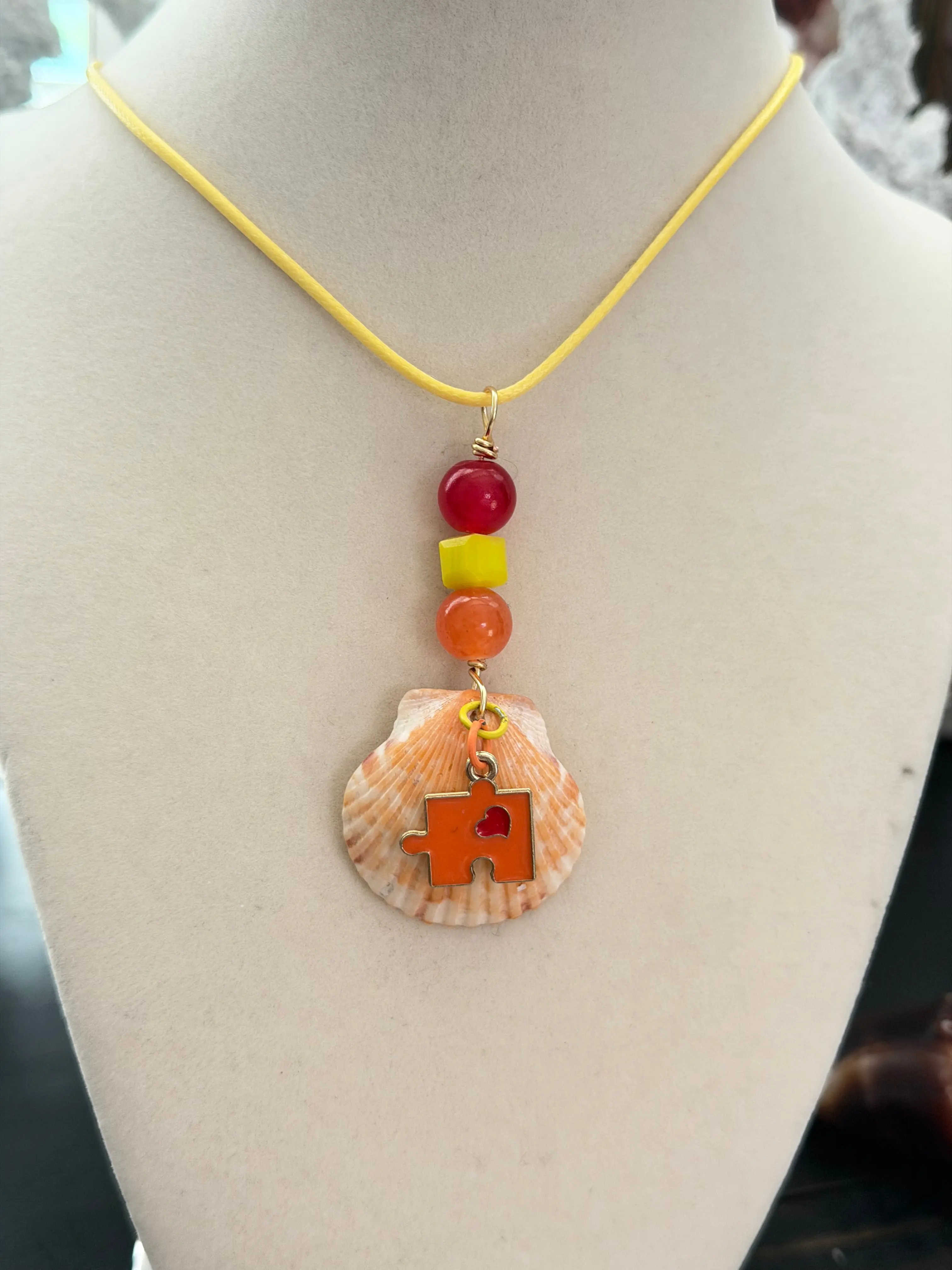 Handmade Natural Shell Necklace with Autism Puzzle Charm - Coastal Beaded Cord with Agate & Carnelian, Meaningful Gift to Celebrate Neurodiversity, Beaded Necklaces, Colorful Necklaces