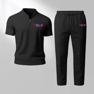 Men's Letter Print Zip Henley Collar Short Sleeve and Long Pants Two Piece Set Made with Waffle Knit Fabric Breathable Soft Texture Loose Fit for Casual Everyday Wear