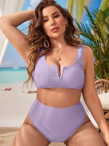 Plus Size Solid Color Women's Two-Piece Swimsuit - Vacation Outfits Bikini Set