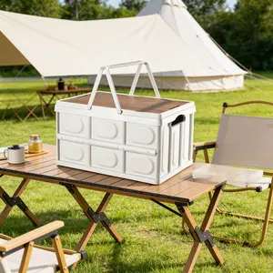 Foldable Storage Box with Handles and Wooden Lid, 3.96gal/7.93gal, Stackable Practical Box, Outdoor Camping Car Trunk Organizer