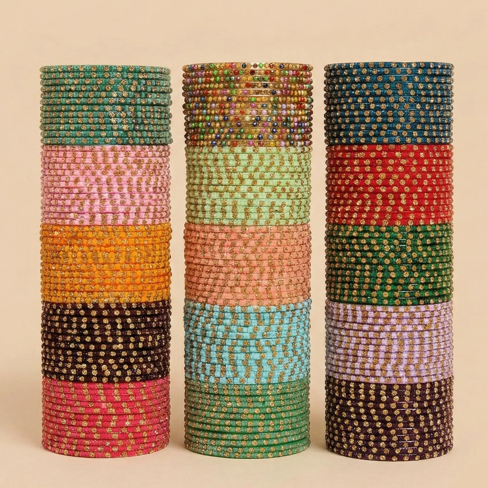 Shahi Bindi Stone Glass Bangle Set - 12-Piece Trendy Stack Bangle, Colorful Base, Festive Finish, Golden Shine, Shimmering Stones, Fade-Resistant Bindis Bracelets for Festive Occasions