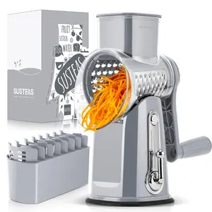 SUSTEAS Rotary Food Grater with Handle, Comes with 5 Well-Designed Blades and Strong Suction Cup Base, Comes with 1 Blade Storage Box Kitchen Vegetable Cutting Slicer Vegetable Cutter Utensils Green