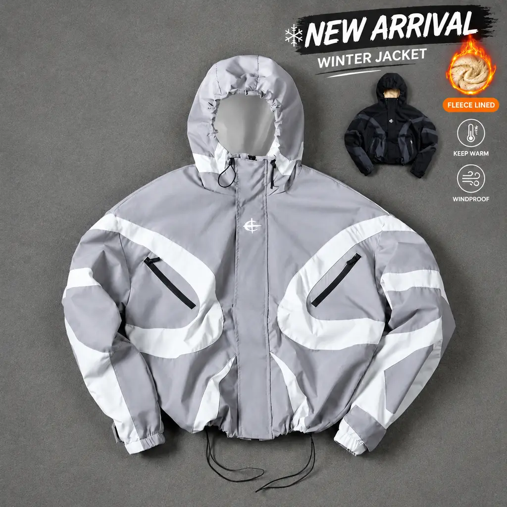 Men's Stylish Futuristic Techwear Hooded Jacket - Long Sleeve, Color Block Design, Trendy Street Outerwear, Adult Outdoor Coat with Zipper Pockets, Drawstring Hem for All-Season,sohochic