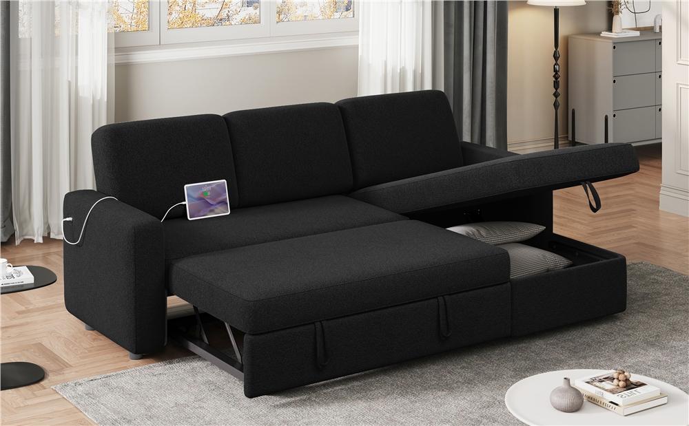 【4 Packages Delivery】Yaheetech L-Shaped Sectional Storage Sofa with Chaise, USB & Type-C Ports, Reversible Couch Sleeper with Pull Out Bed